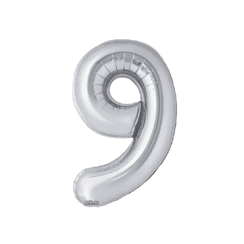 Silver number 9 balloon with 'prima' branding on a white background