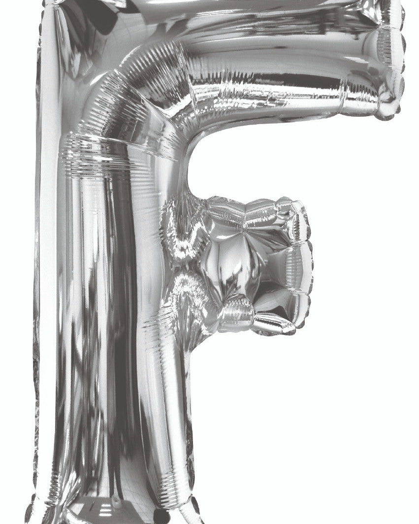 Silver letter 'F' balloon on a white background