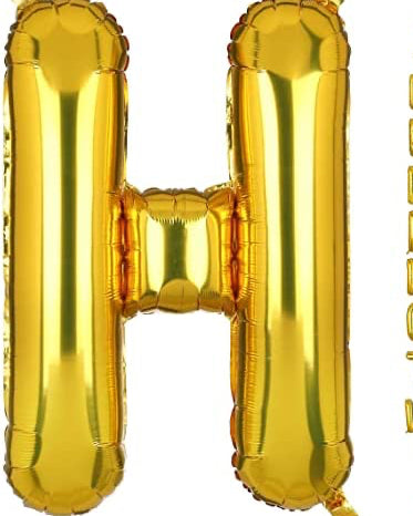 Gold letter 'H' balloon with a set of gold letter balloons on a white background