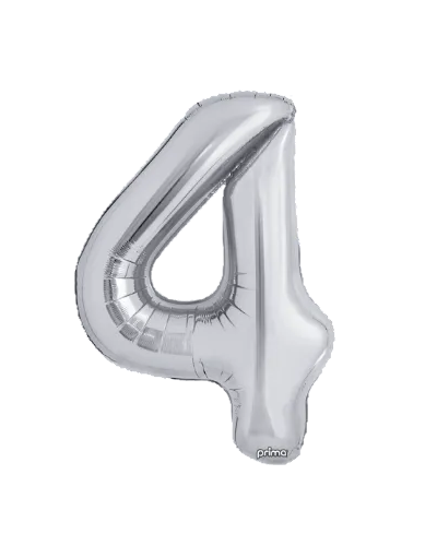 Silver number 4 balloon with 'prima' branding on a white background