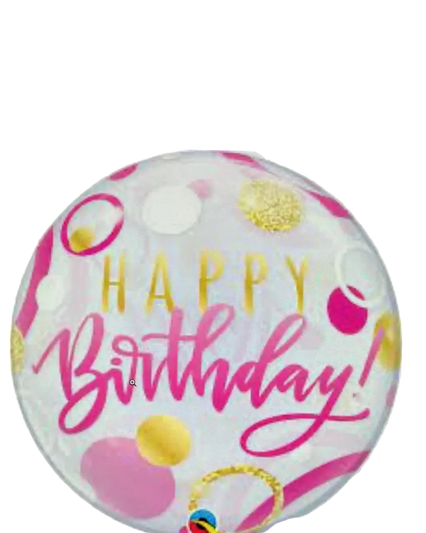 Round balloon with 'Happy Birthday' text and colorful designs on a white background