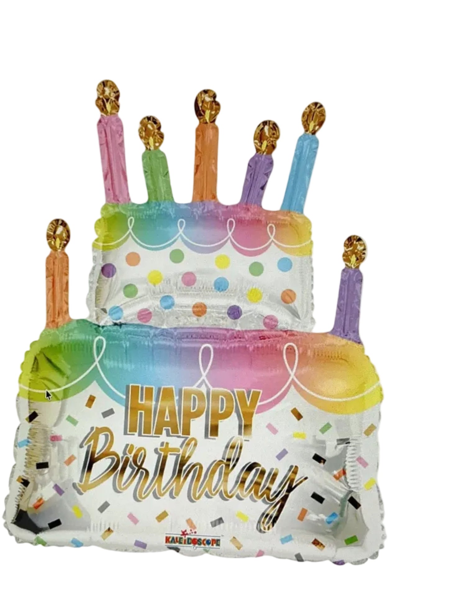 Colorful birthday cake balloon with candles and 'Happy Birthday' text on a white background