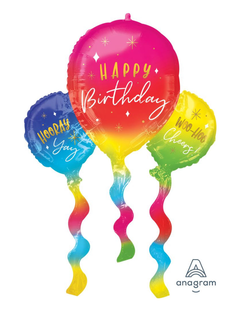 Colorful 'Happy Birthday' balloons with rainbow gradient on a white background, featuring the Anagram logo.