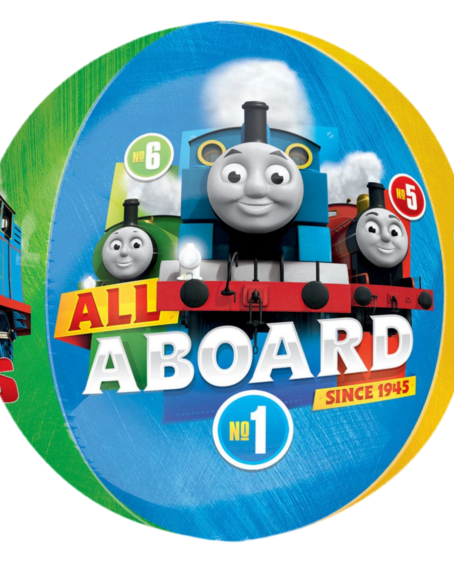 Circular design with cartoon trains and 'All Aboard' text on a blue background
