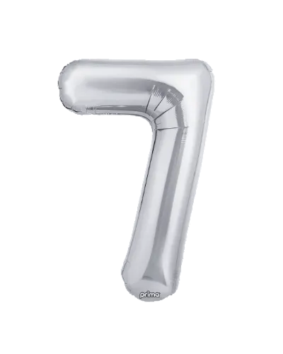 Silver number 7 balloon with 'prima' branding on a white background