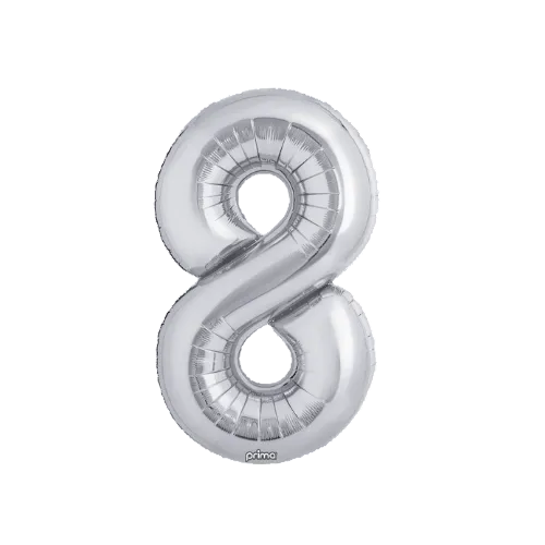 Silver number 8 balloon on a white background