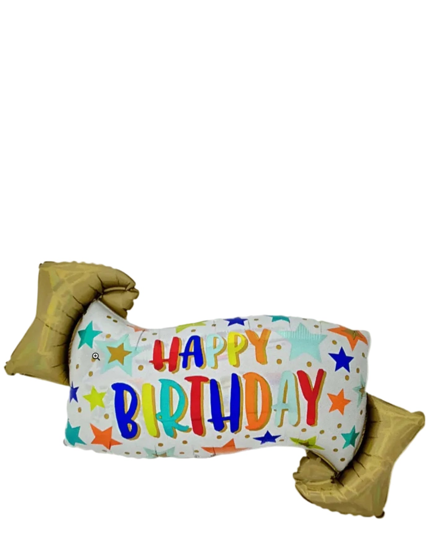 Inflatable pillow with 'Happy Birthday' text and colorful stars on a white background