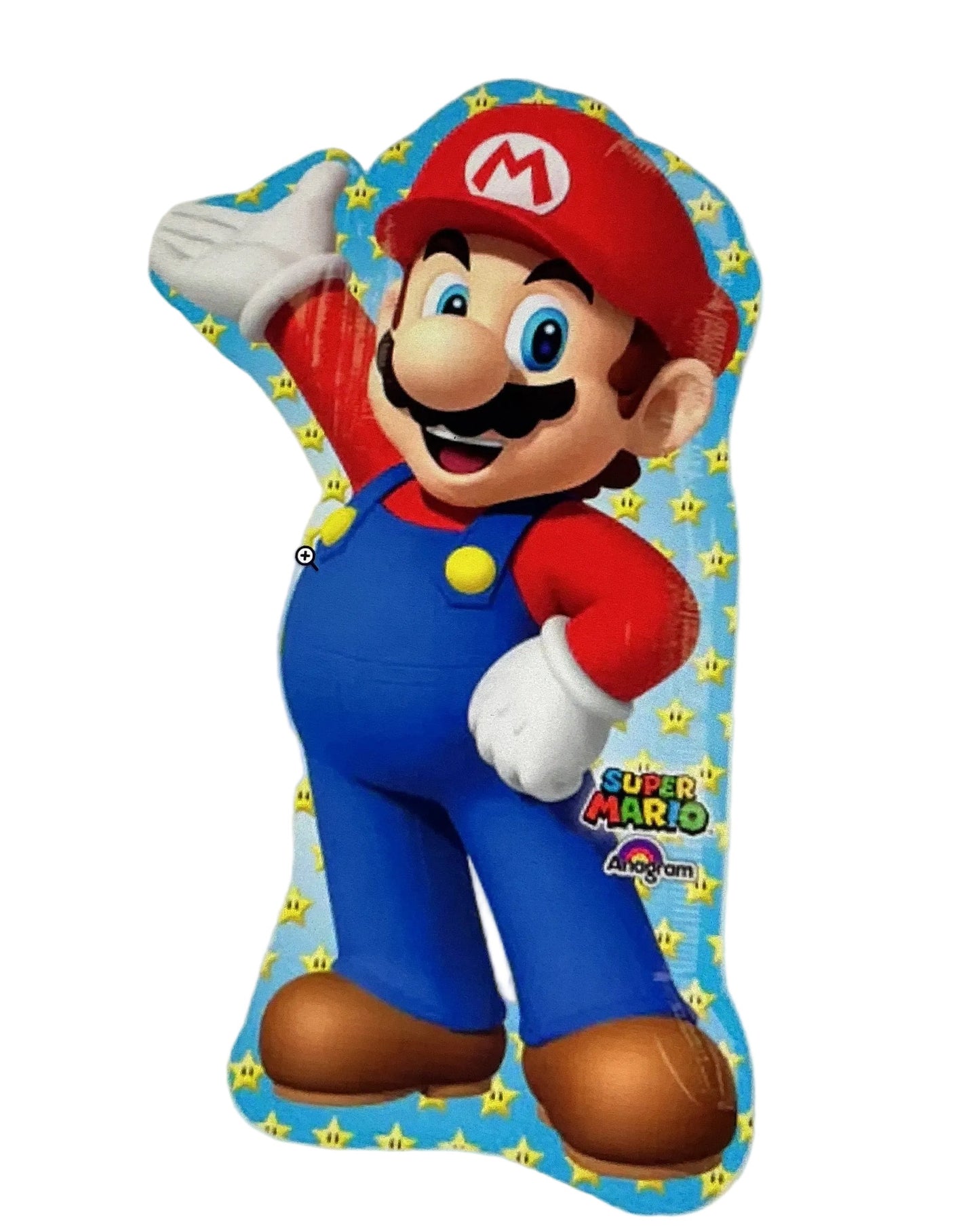 Cartoon character in a blue outfit with red hat and shoes on a white background