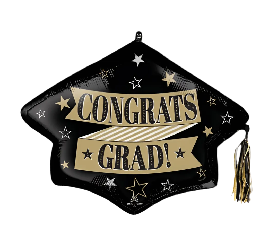 Graduation-themed balloon with 'Congrats Grad!' text on a black background