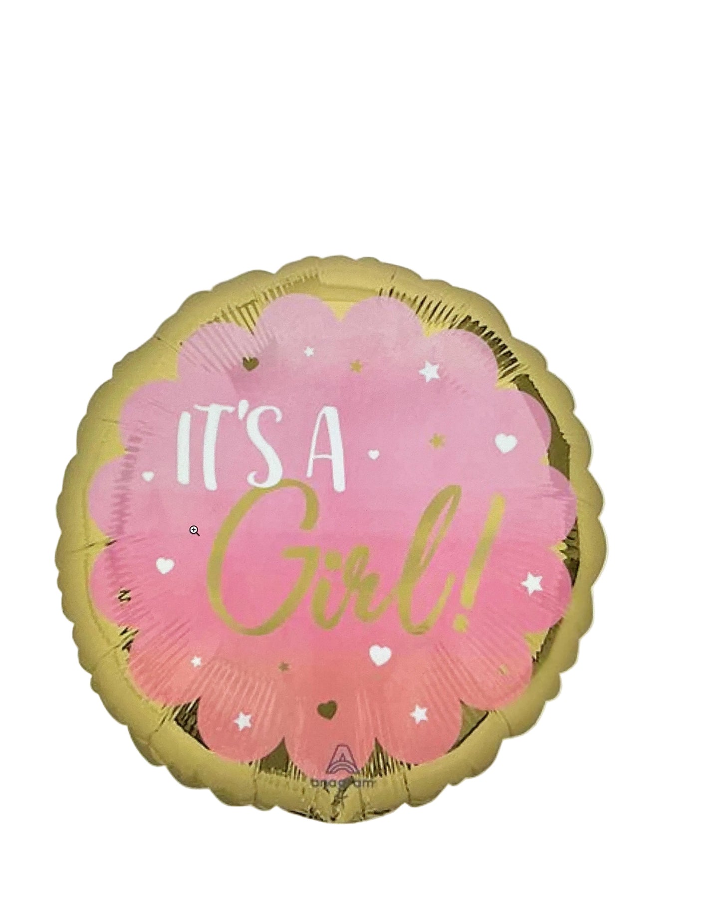 Pink and gold balloon with 'It's a Girl' text on a computer screen.