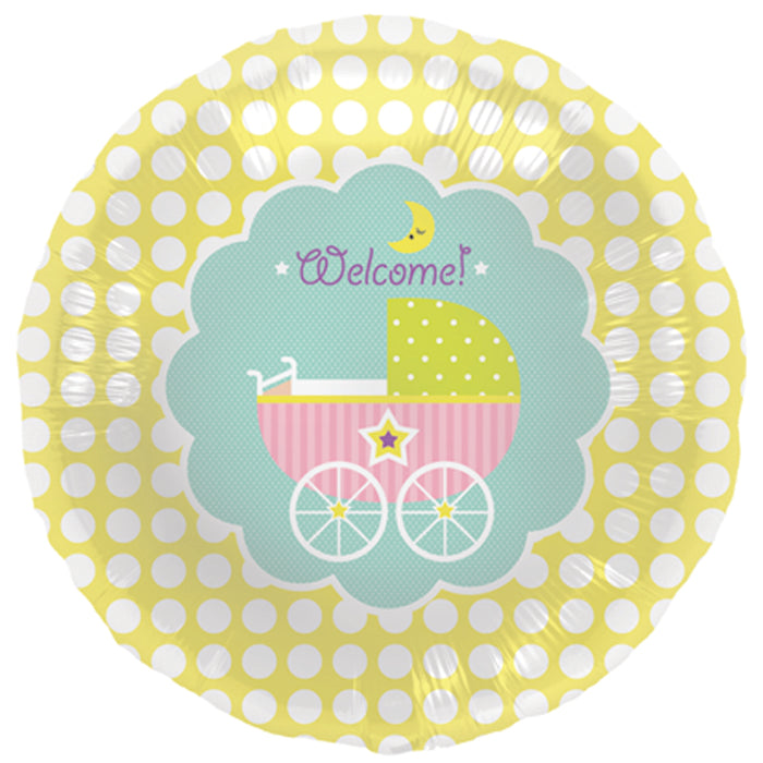 Round paper plate with baby carriage design and polka dot border on a white background