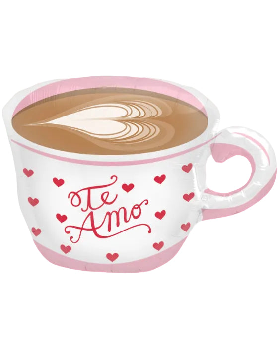 Cup of coffee with 'Te Amo' text and heart designs on a white background