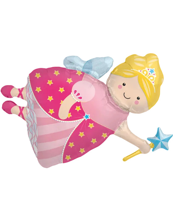 Fairy-shaped balloon with pink dress and wand on a white background