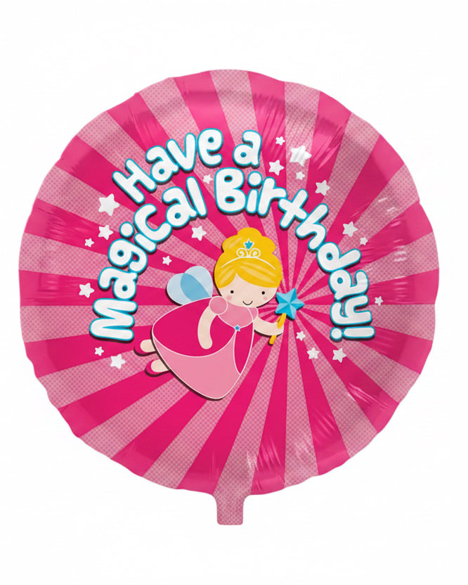 A round pink party paper plate or balloon with a birthday theme, featuring a cartoon princess fairy, stars, and the text 'Have a Magical Birthday!' in blue letters on a pink sunburst background.