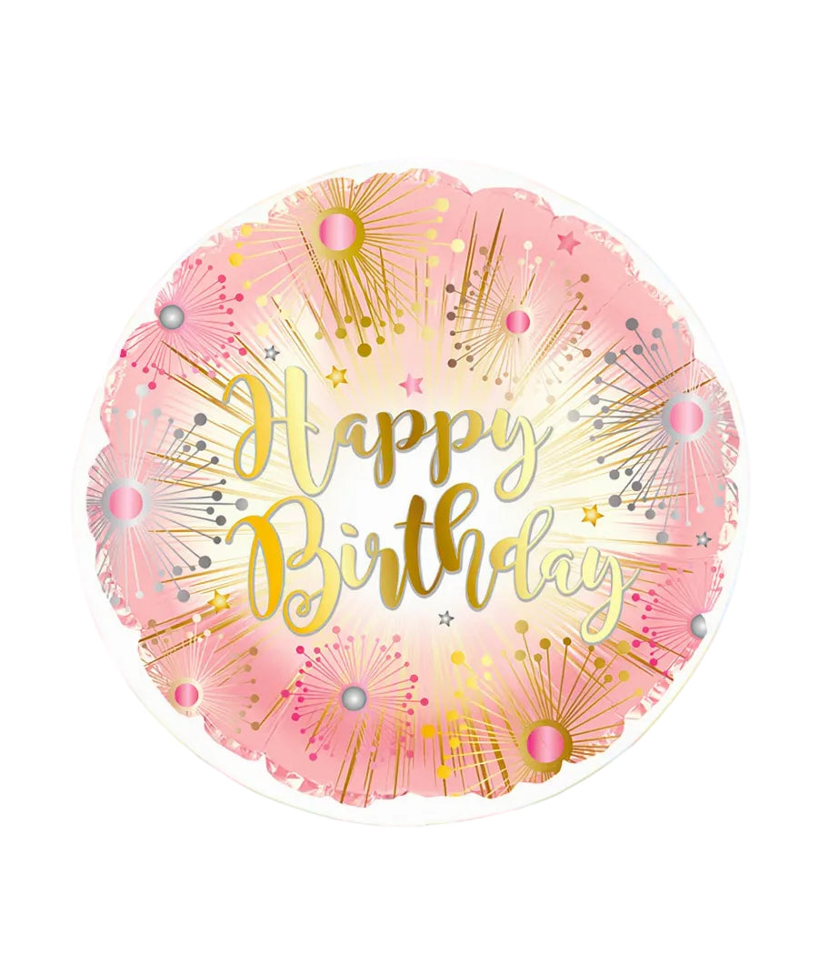 Decorative balloon with 'Happy Birthday' text on a pink and gold background