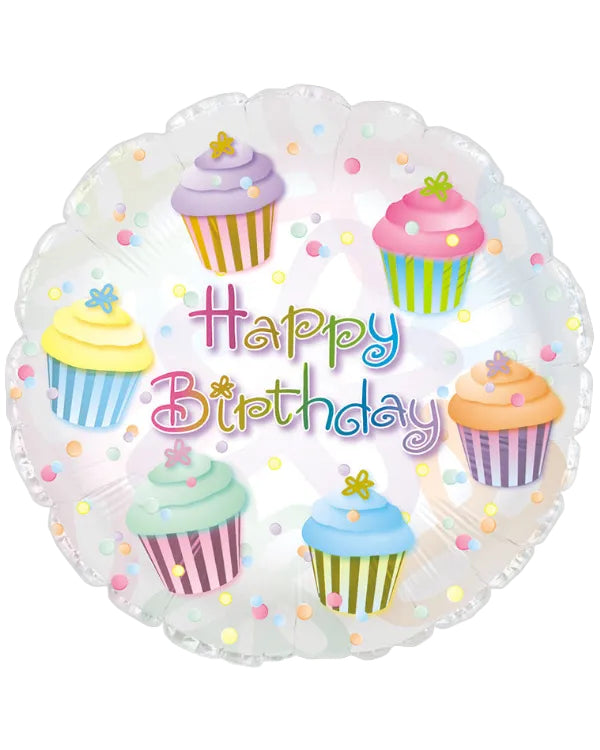 Round balloon with colorful cupcakes and 'Happy Birthday' text on a white background
