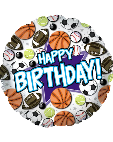 Birthday balloon with sports-themed decorations and 'Happy Birthday!' text