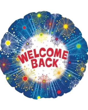 Balloon with 'Welcome Back' text and colorful fireworks design on a blue background