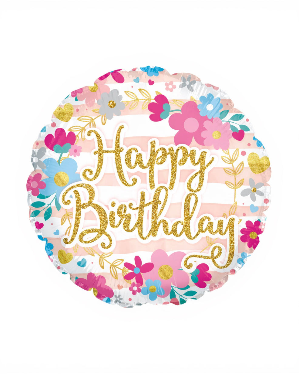 Decorative balloon with floral patterns and 'Happy Birthday' text on a white background