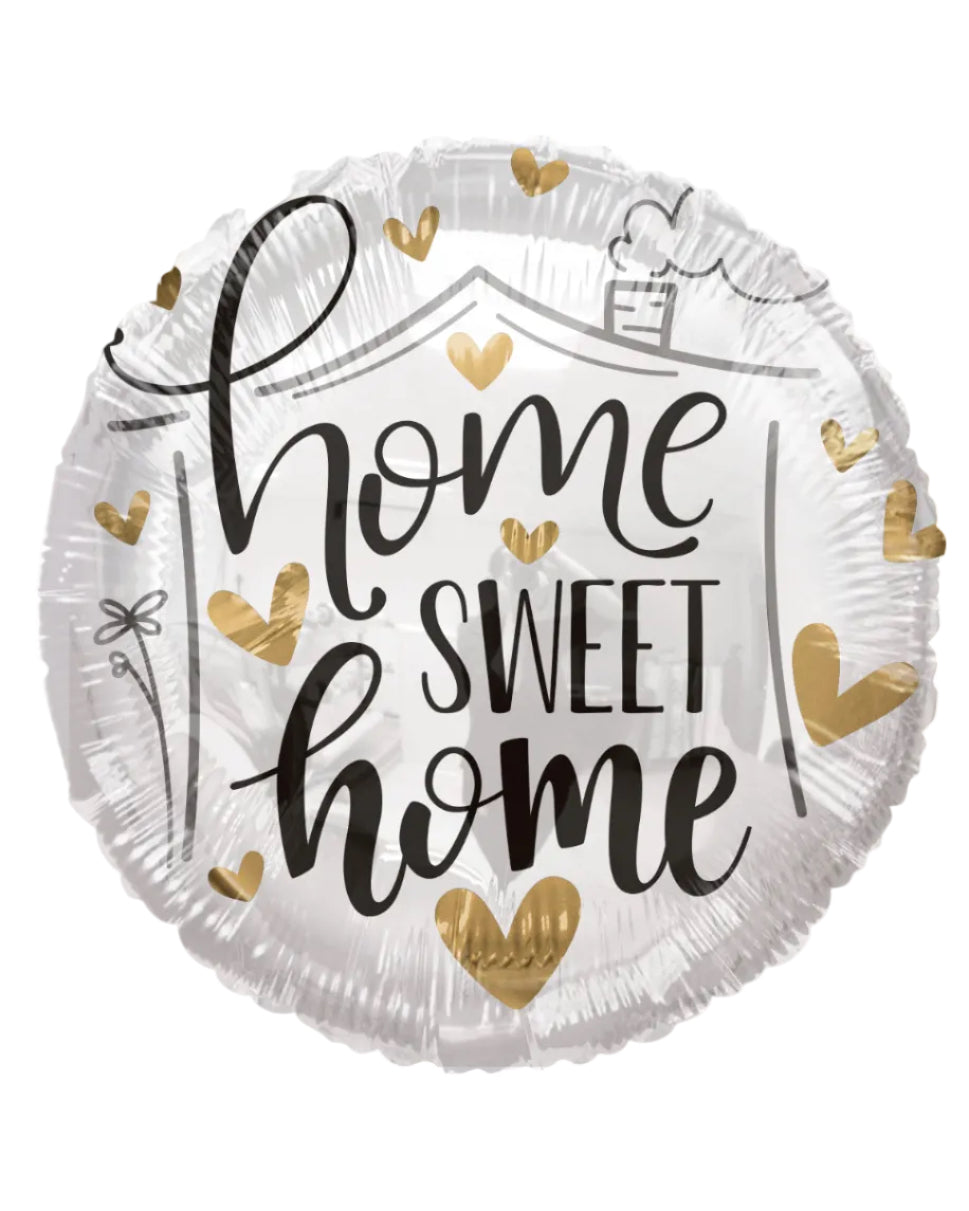 Round balloon with 'home sweet home' text and gold hearts on a white background