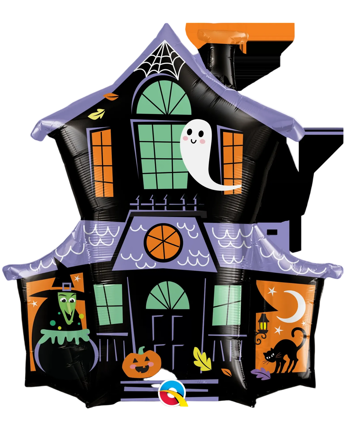 Halloween-themed balloon shaped like a haunted house with ghost, witch, and pumpkin designs.