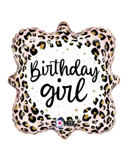 Leopard print balloon with 'Birthday girl' text on a white background