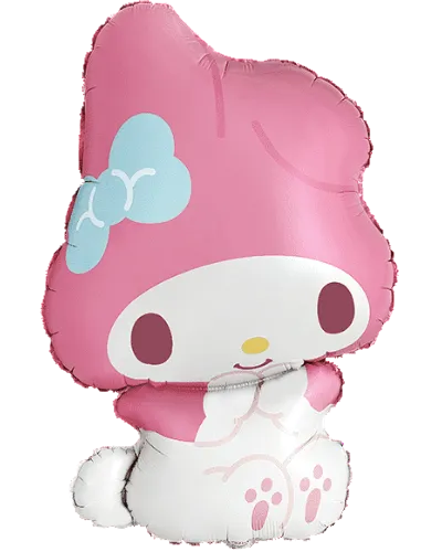 Pink and white character balloon with a blue bow on a transparent background