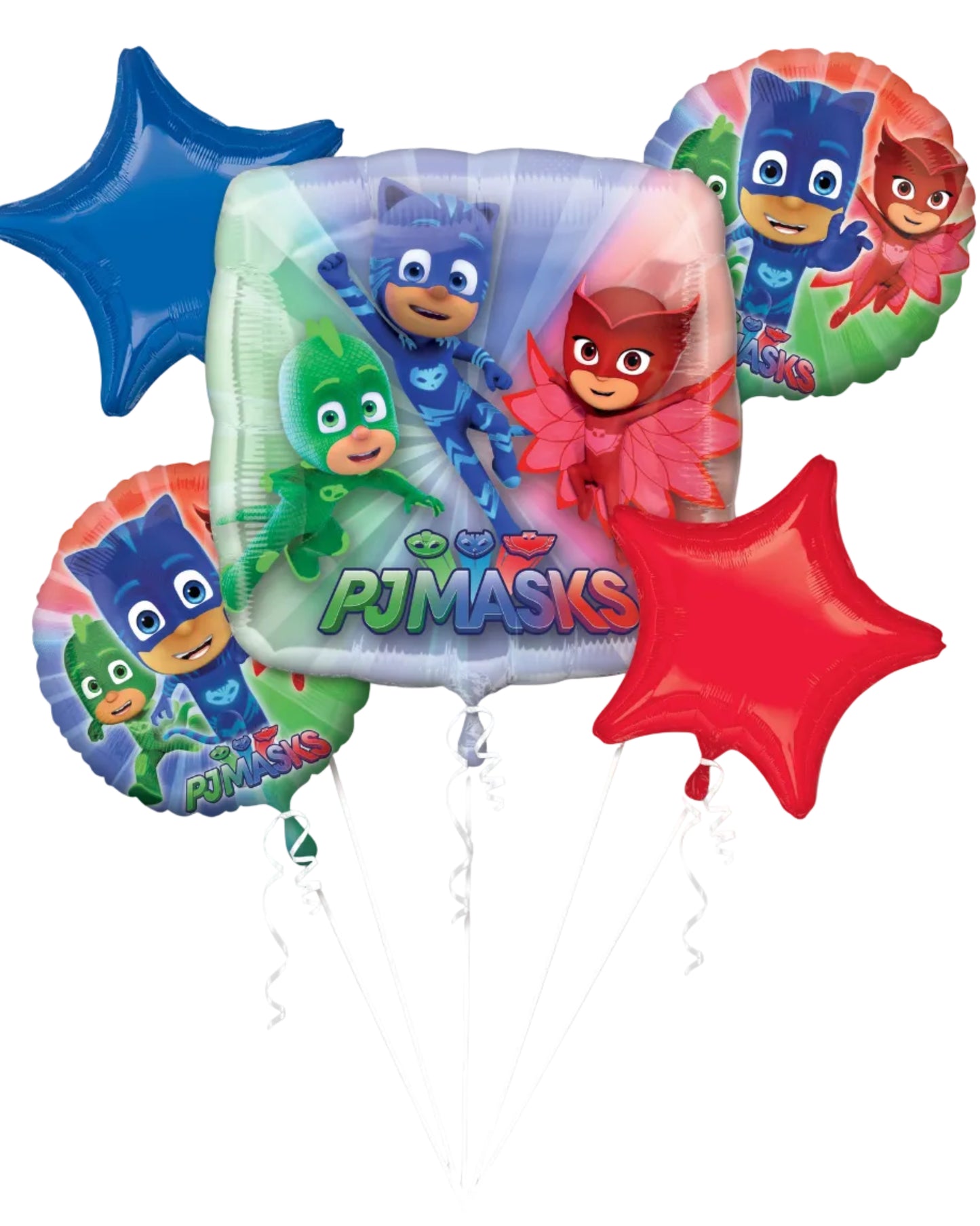 PJ Masks balloons with colorful characters on a white background