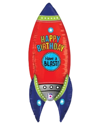 Red and blue rocket-shaped balloon with 'Happy Birthday' and 'Have a Blast!' text on a white background