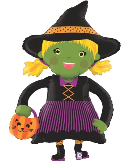 Halloween-themed inflatable figure of a witch with a pumpkin basket on a white background