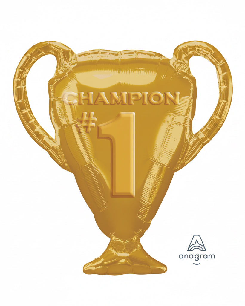 Gold trophy-shaped balloon with 'Champion #1' text on a white background