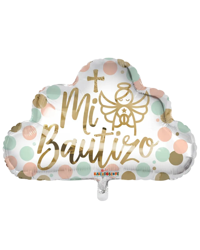 Decorative balloon with 'Mi Bautizo' text and angel design on a white background