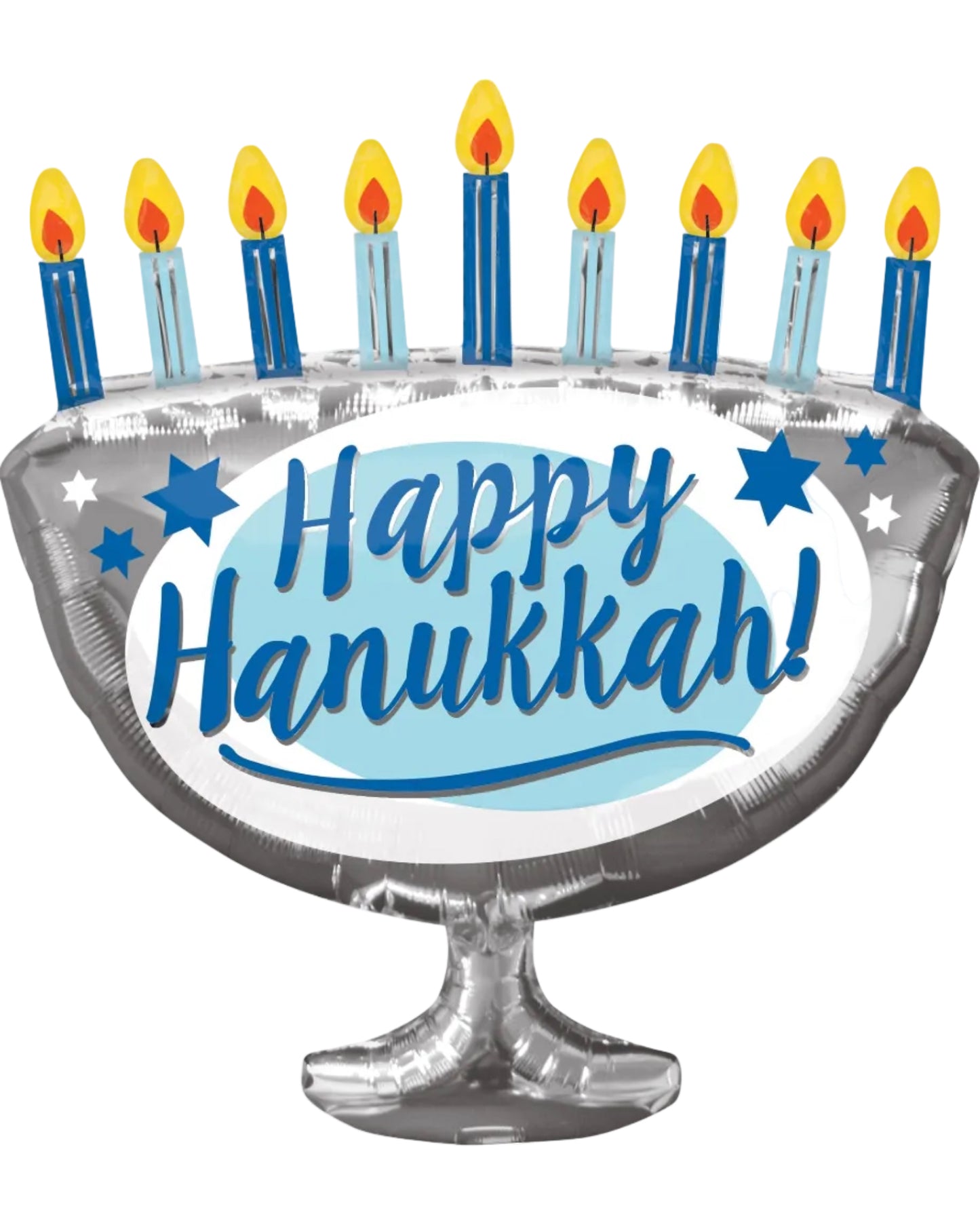 Decorative balloon shaped like a Hanukkah menorah with blue candles and 'Happy Hanukkah!' text.
