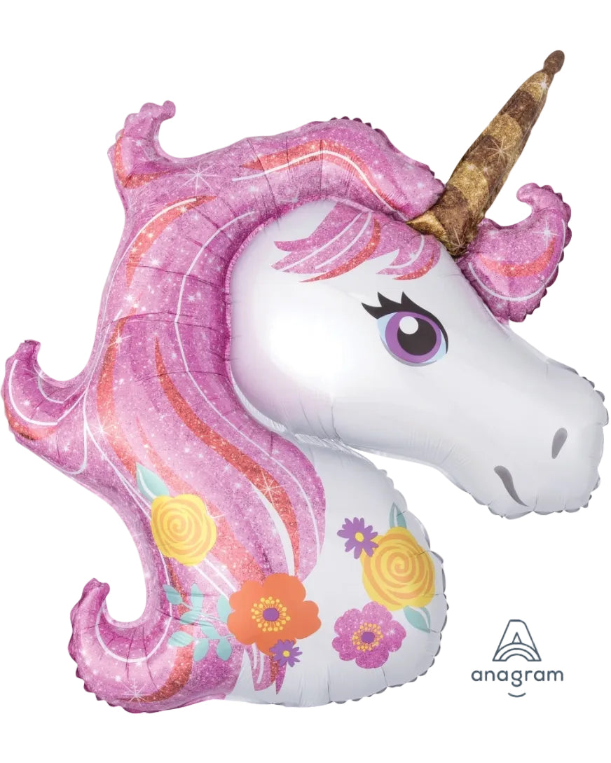 Unicorn-shaped balloon with pink mane and flowers, featuring Anagram logo.