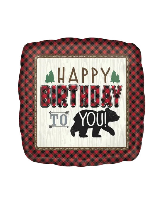 Birthday balloon with bear silhouette and checkered border