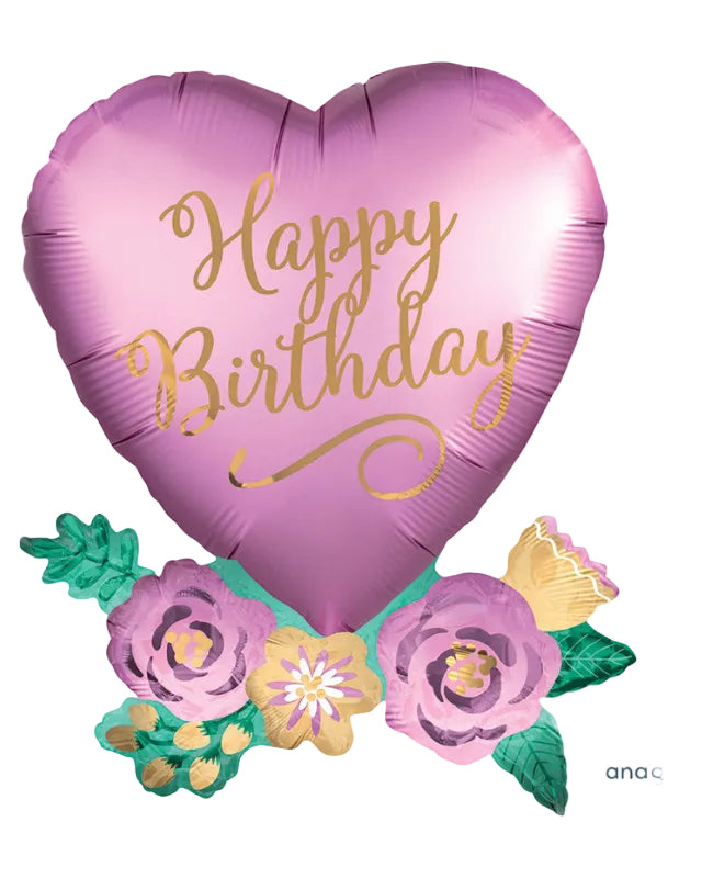 Heart-shaped purple balloon with 'Happy Birthday' text and floral decorations on a white background, featuring the Anagram logo.