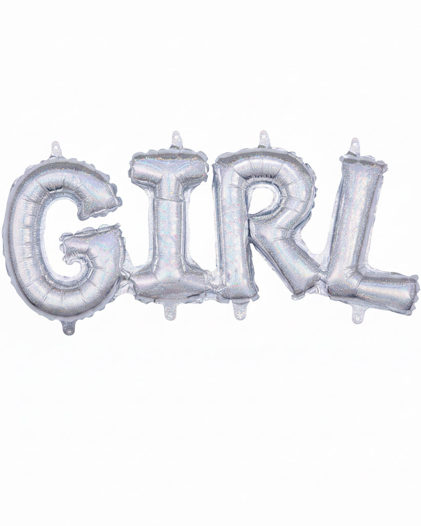 Silver 'GIRL' balloon set on a white background