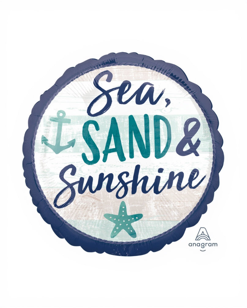 A round foil balloon with a scalloped edge, featuring the words 'Sea, SAND & Sunshine' in navy and teal lettering on a distressed white background with a light blue anchor and teal starfish.