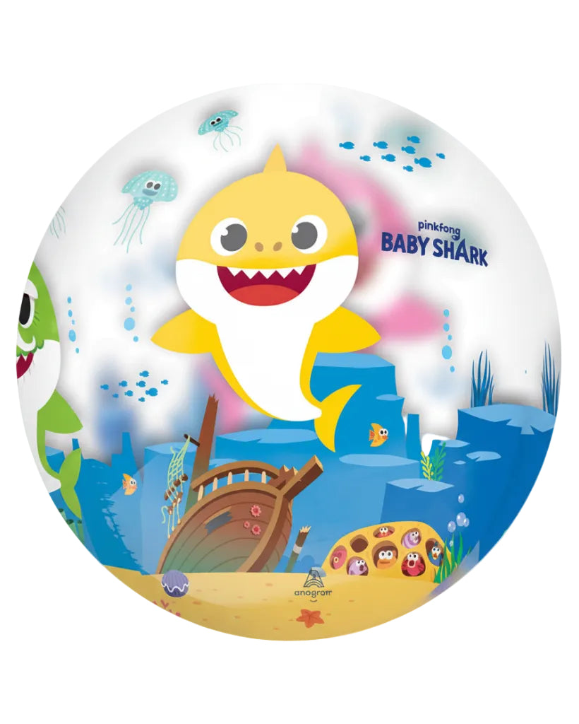 Baby Shark balloon with colorful underwater scene and 'Pinkfong' branding