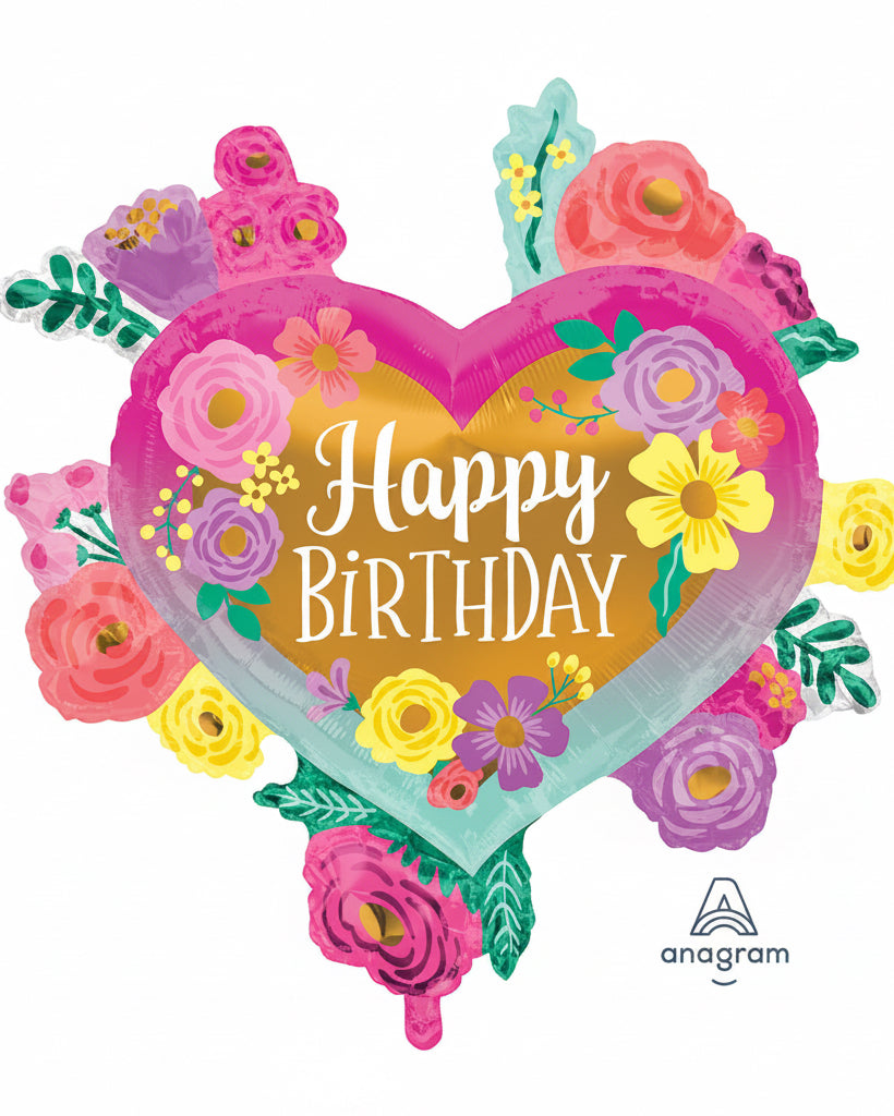 Heart-shaped birthday balloon with flowers and 'Happy Birthday' text on a white background