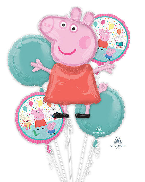 Balloon bouquet featuring a character from the Peppa Pig series on a white background