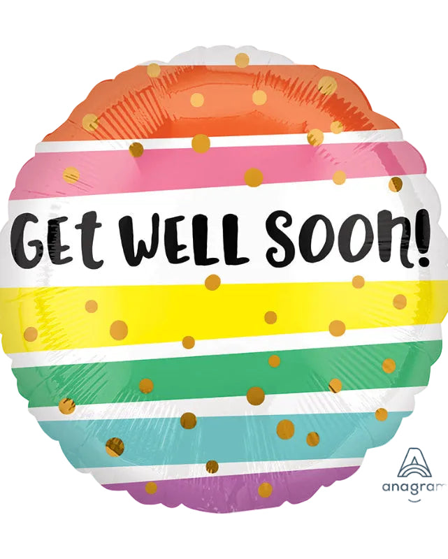 Colorful balloon with 'Get Well Soon' text and gold polka dots, featuring the brand 'Anagram'.