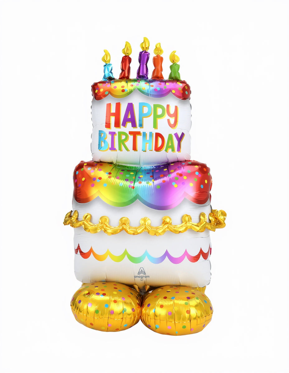 Colorful birthday cake balloon with 'Happy Birthday' text on a white background