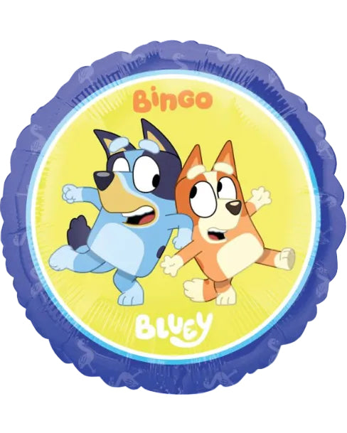 Round foil balloon with a blue scalloped border, featuring cartoon characters Bingo and Bluey on a yellow background with the words 'Bingo' and 'Bluey'.