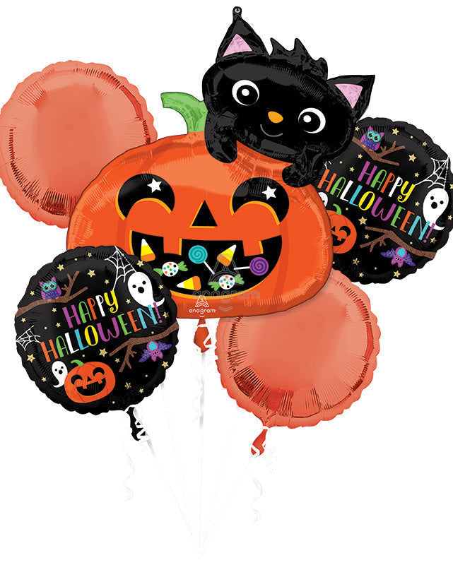 Halloween-themed balloons including a black cat on a pumpkin, orange balloons, and 'Happy Halloween!' text.
