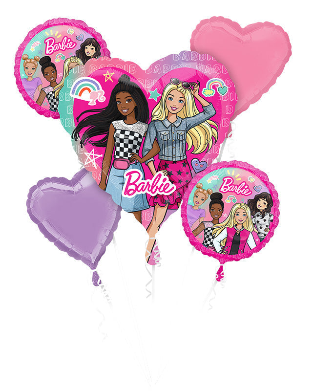 Barbie-themed balloons with multiple characters on a white background