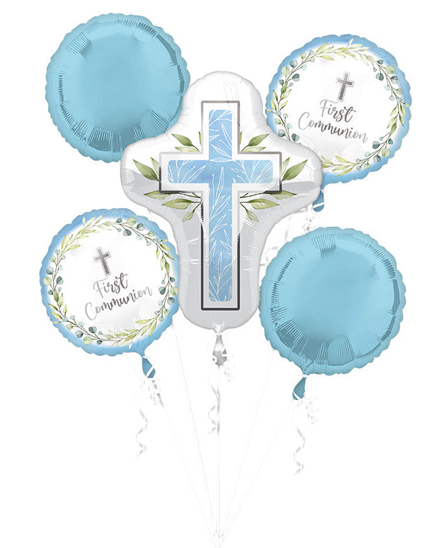 Balloon bouquet with cross design and 'First Communion' text on a white background