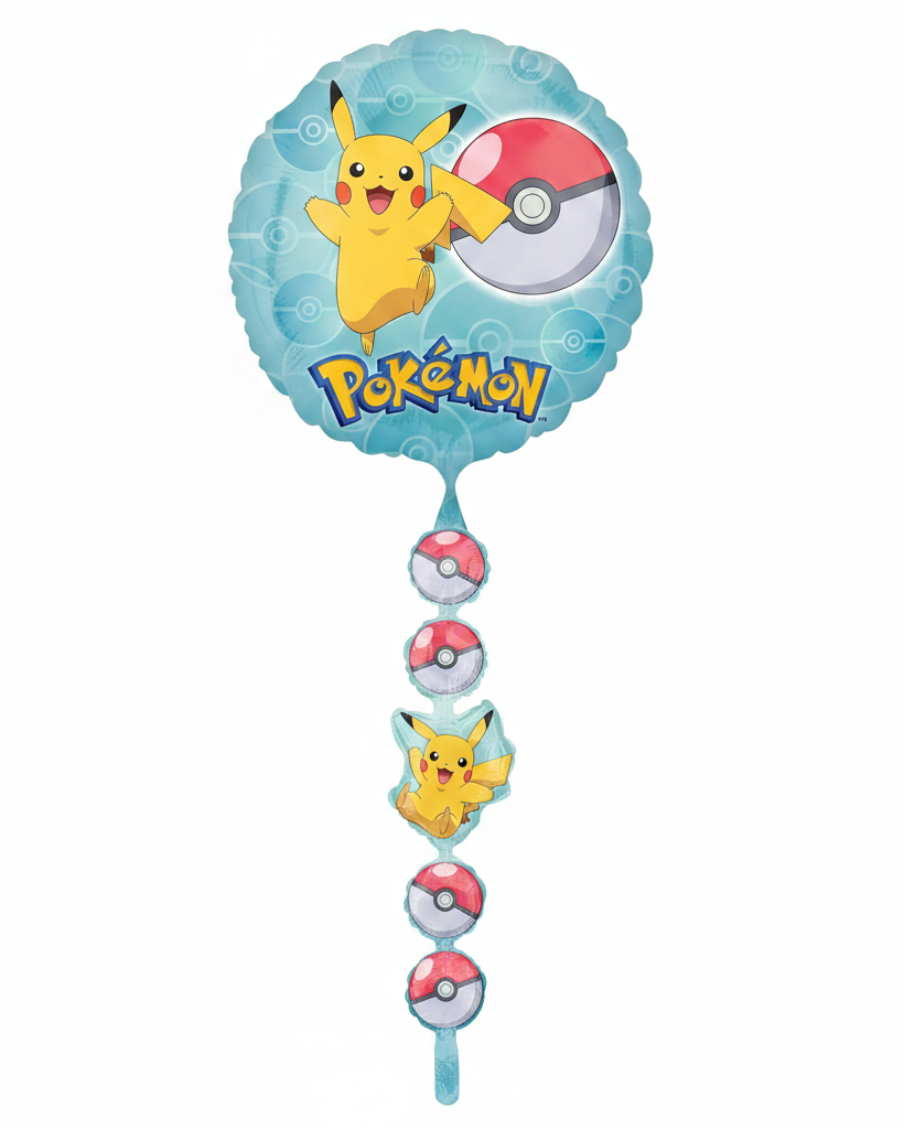 Pokémon-themed balloon with Pikachu and Poké Balls on a blue background