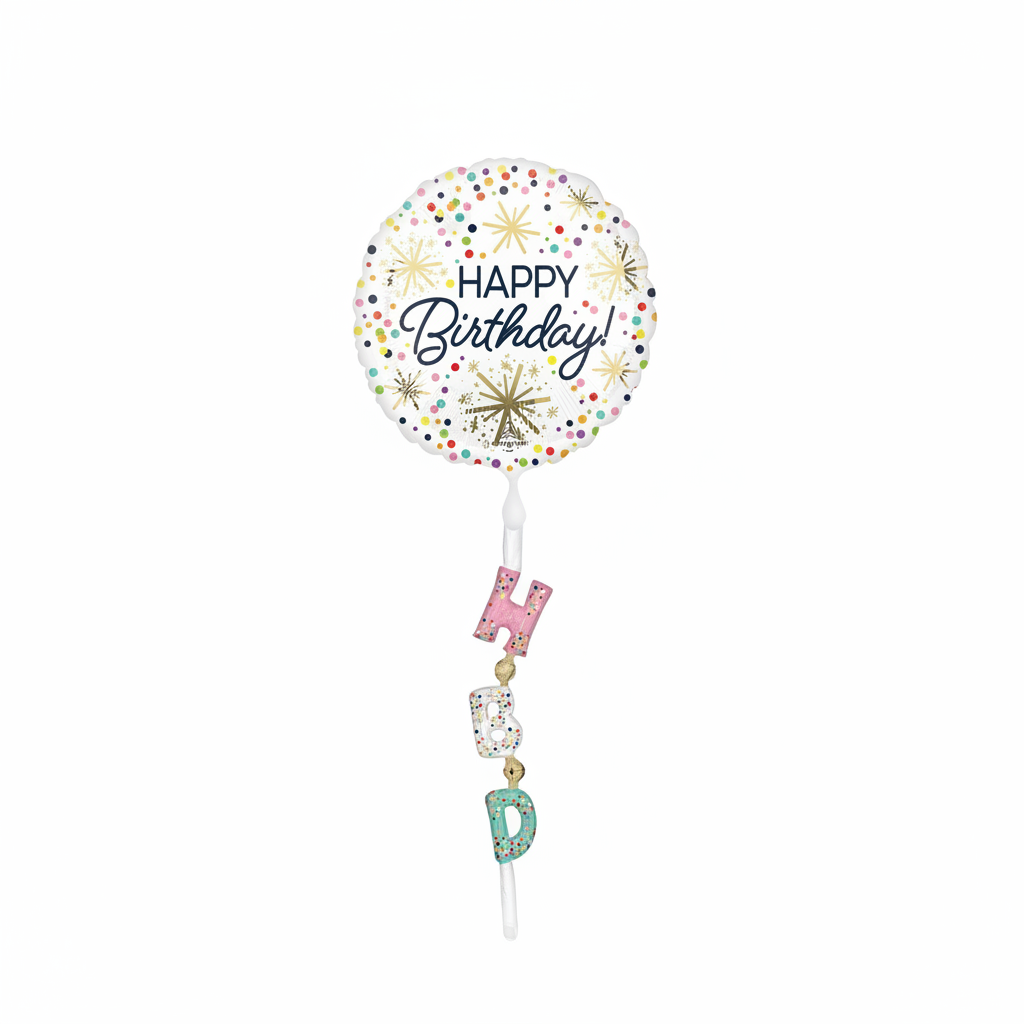 Decorative balloon with 'Happy Birthday!' text and colorful confetti on a white background