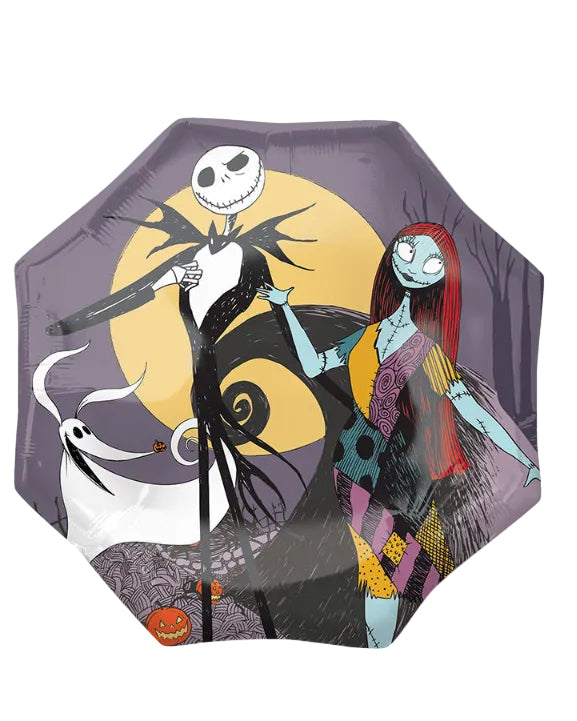Umbrella with Jack Skellington and Sally design against a purple background